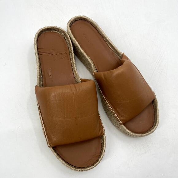 Vince Cognac Brown Jesse Leather Slip-On Platform Slide Espadrille Sandals - Picture 3 of 7